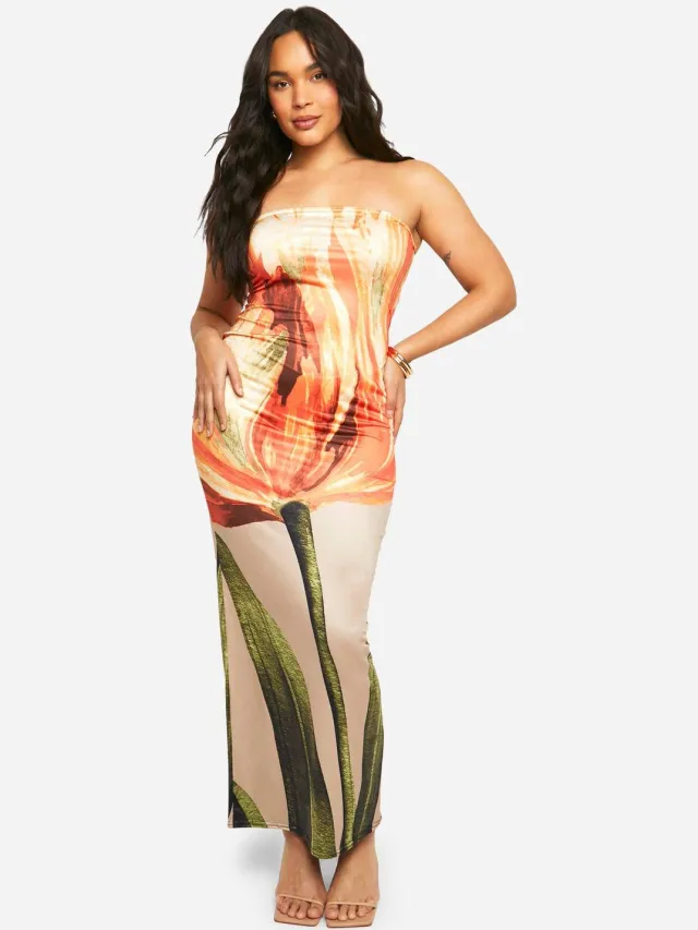 boohoo Dames Plus Bandeau Floral Printed Slinky Maxi Jurk Oranje