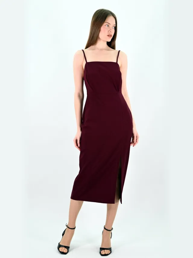 YESMOOI Elegante Midi Jurk met Spaghettibandjes - Slip Dress - Bordeaux - L (40)