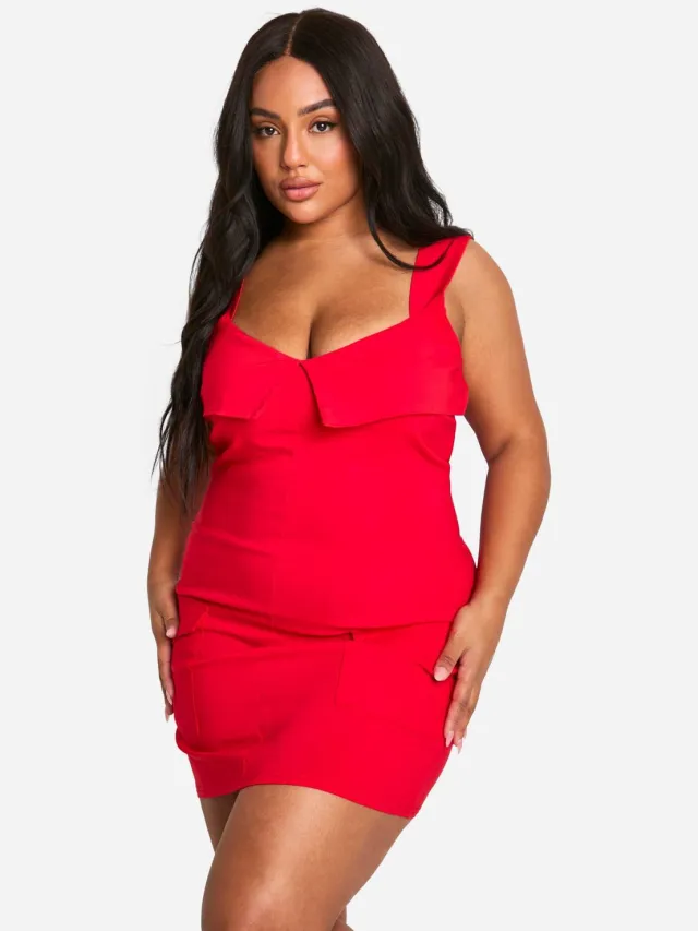 boohoo Dames Plus Bengaline Fold Detail Utility Bodycon Jurk Rood