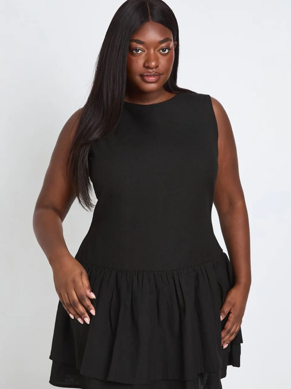 boohoo Dames Plus Linnen Dubbele Laag Smock Jurk zwart, foto 3