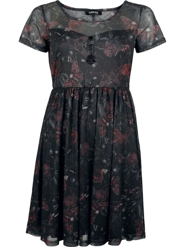 Gothicana Zwarte korte jurk met een all-over print en een pentagramhanger - Dames