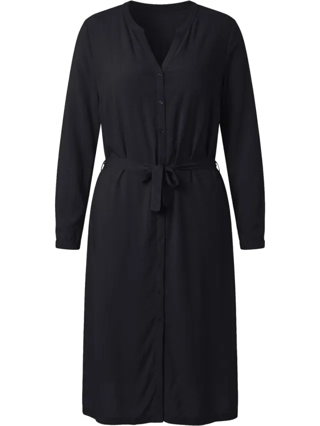 MIAMODA Dames - Midi-jurk A-lijn strikceintuur knoopsluiting lange mouw - Zwart