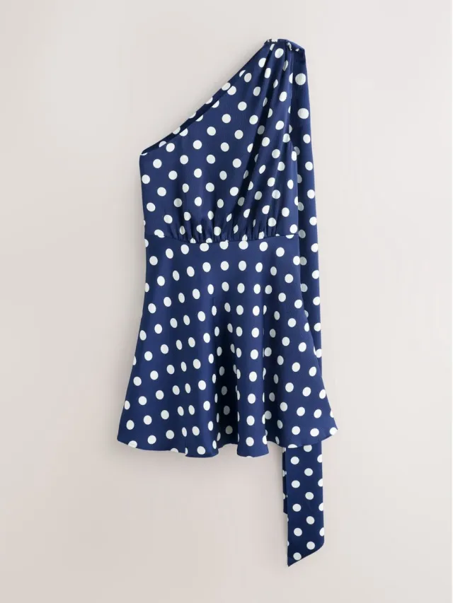 Next Dames - Satijnen petite mini-jurk met blote schouder en textuur - Petite - Blauw Navy Blue Polka Dot