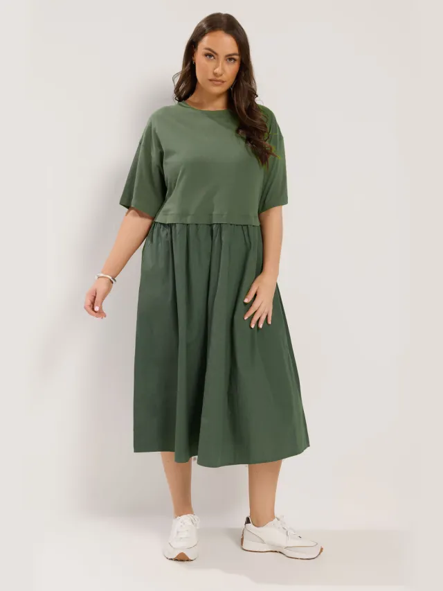 Yours Kaki Groene Poplin Midijurk-52 Green