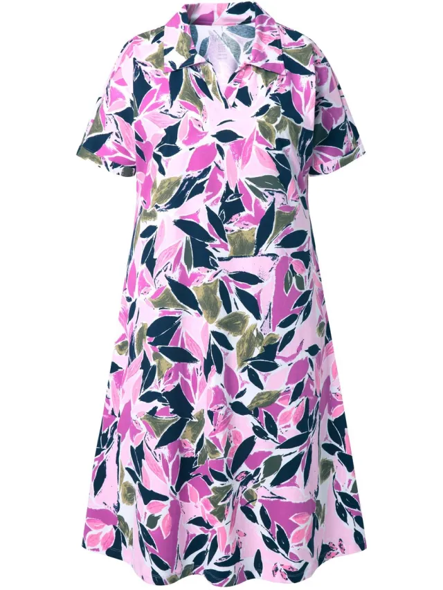 Ulla Popken Dames - Midi-jurk bloemen A-lijn overhemdkraag korte mouwen - Olijfgrijs - Maat 62+