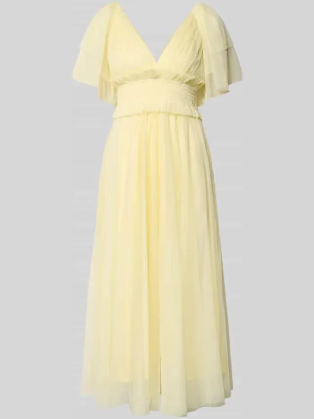 Lace & Beads midi-jurk met smokdetail en V-hals lichtgeel, foto 2