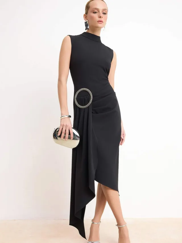 Trendyol TRENDYOLMİLLA Dames Zwart Effen Midi Mouwloos Stijlvol/Avond Recht Jurken
