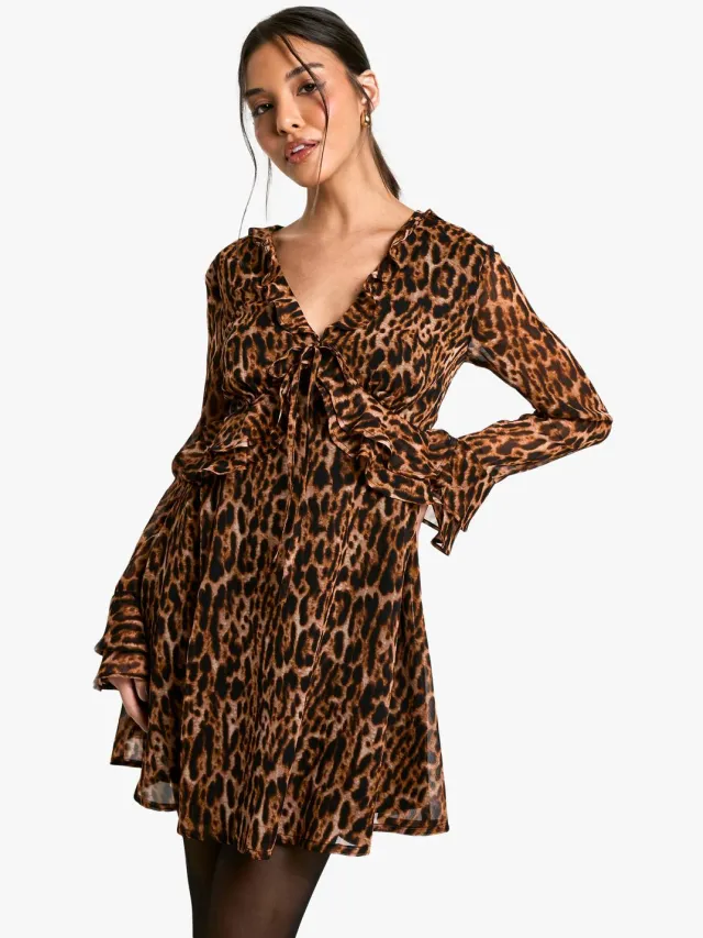 boohoo Dames Leopard Pof Mouw Mini Jurk Bruin