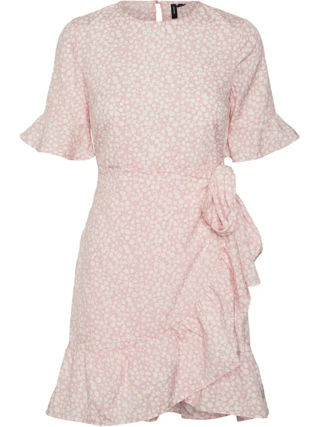 Vero Moda Dames Kort Bloemig Omslag Jurk Korte Mouw Ronde Hals Mini Jurk Dij-Lengte VMHENNA Geranium Pink