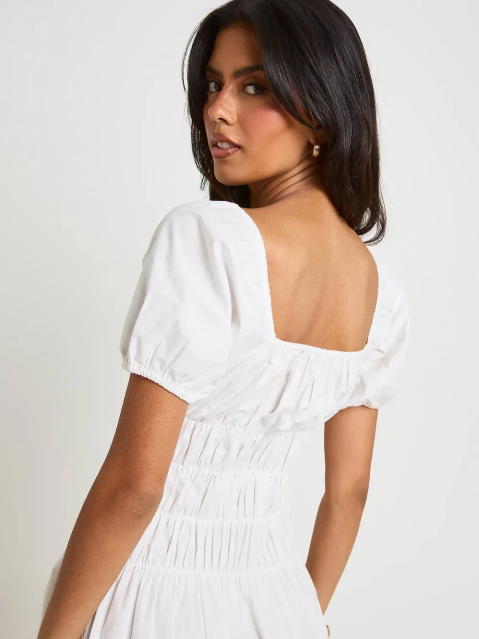 boohoo Dames Katoenen Popeline Maxi Jurk Met Gerimpeld Lijfje En Pofmouwen wit, foto 4