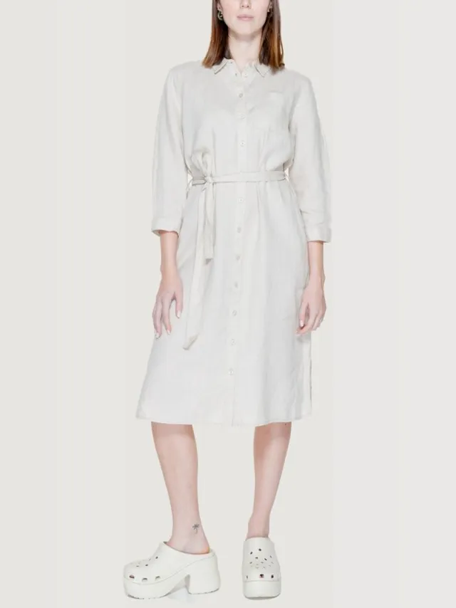 Street One solid Linen Shirt Dress - Dames Jurk - touch of sand