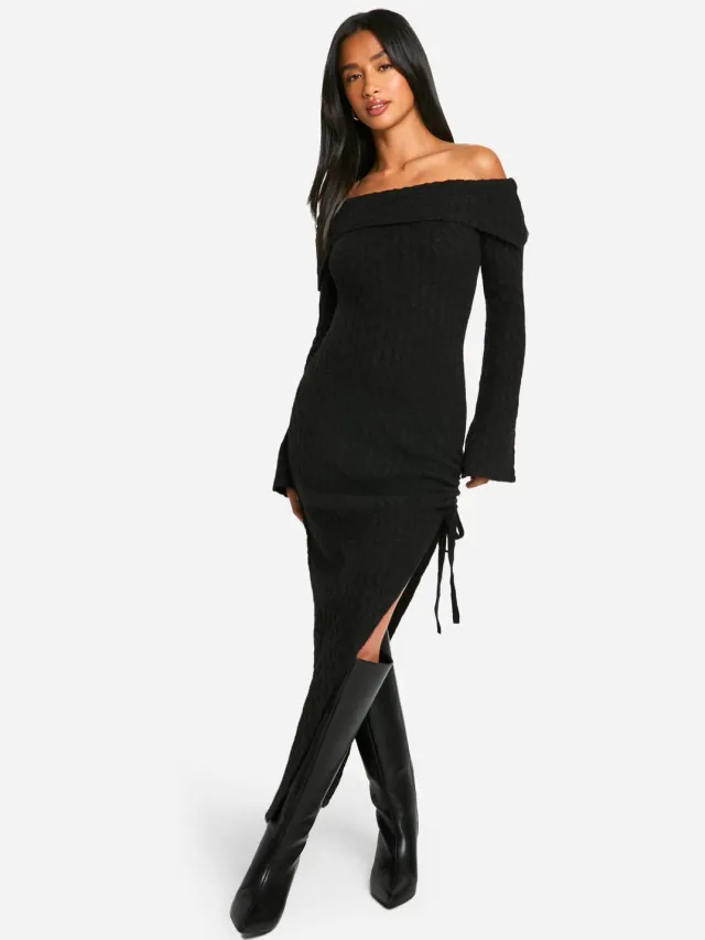 boohoo Dames Petite Soft Cable Asymmetrische Saum Bardot Maxi Jurk Zwart