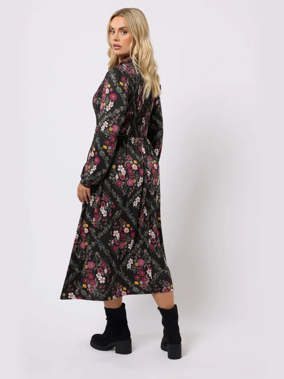 Yours Zwarte Gebloemde Gesmokte Shirtjurk-64, foto 4