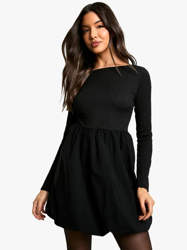 boohoo Dames Texture Lange Mouw Volume Rok Mini Jurk Zwart