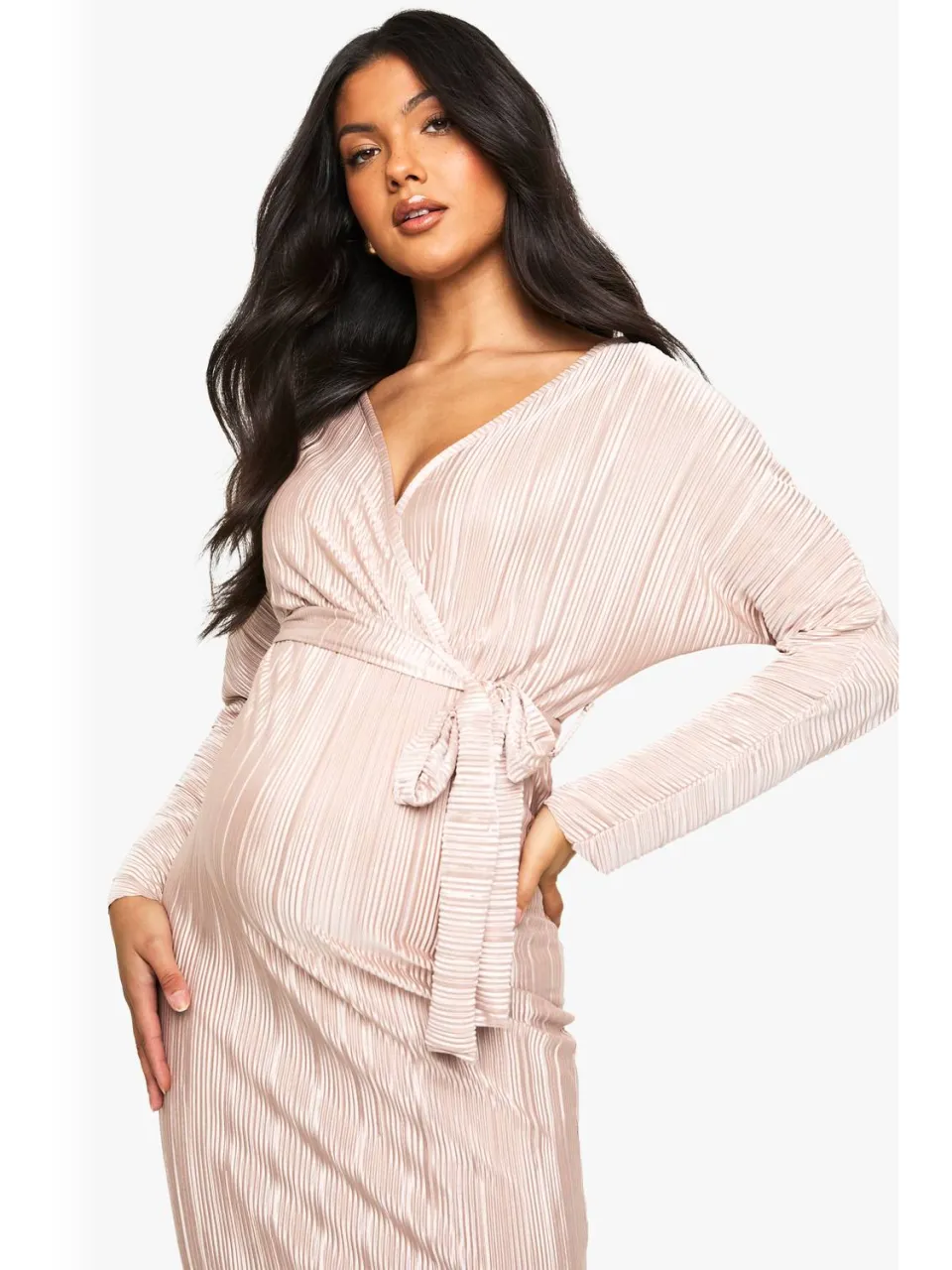boohoo Dames Zwangerschapsplisse met ceintuur midi-jurk champagne, foto 3