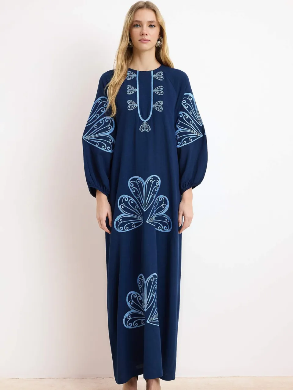Trendyol Modest Dames Blauw Etnisch patroon Maxi Lang Casual Recht Modest Jurken