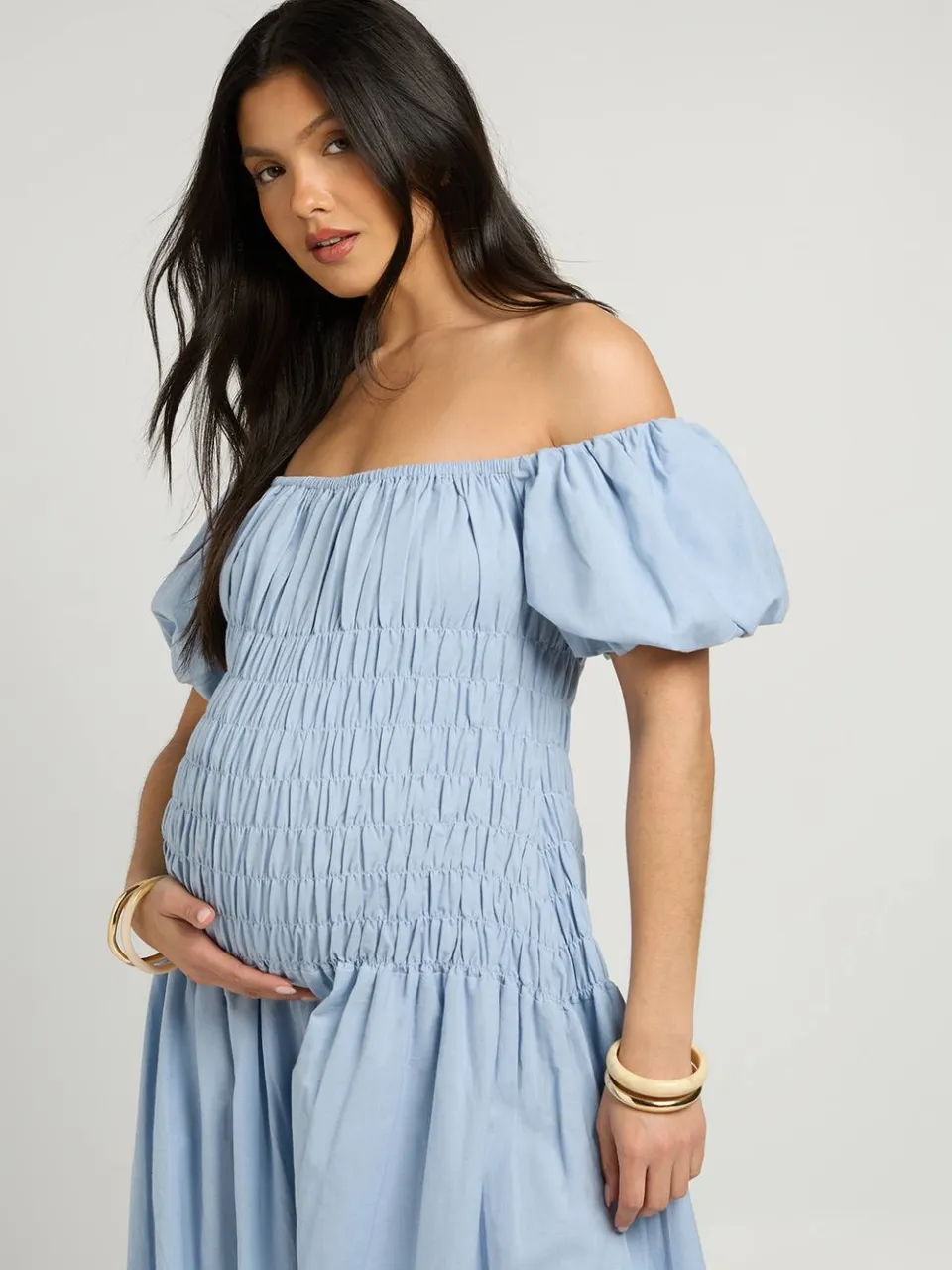 boohoo Dames Zwangerschaps Linnen-look Maxi Jurk Met Pofmouwen En Gesmockt Lijfje pastelblauw, foto 4