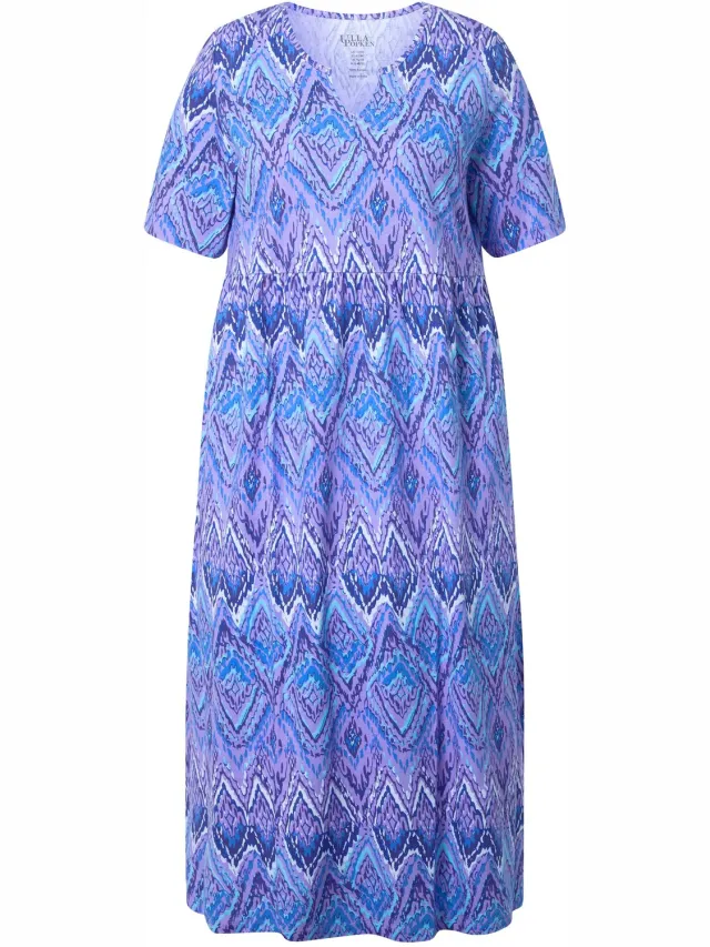 Ulla Popken Dames - Maxi-jurk met motief A-lijn tuniekhals korte mouwen - Koningsblauw - Maat 50+