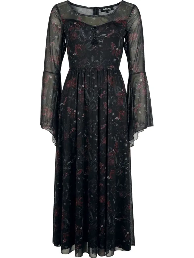 Gothicana Zwarte lange jurk met een all-over print en een pentagramhanger - Dames