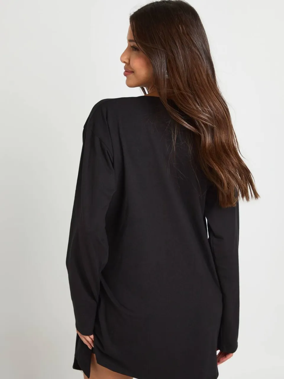boohoo Dames Mini-jurk met lange mouwen en een strikknoop op de taille zwart, foto 2