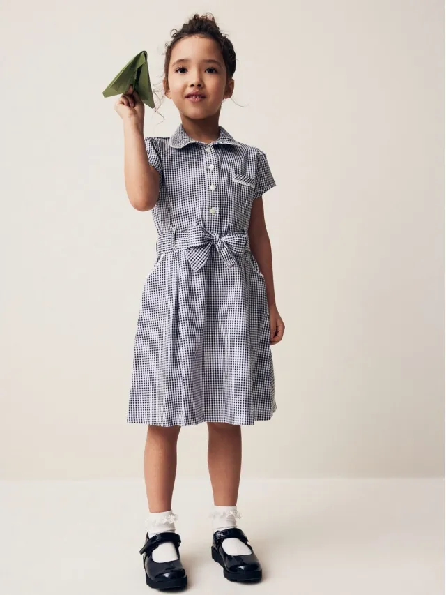 Next Meisjes - Katoenrijke schooljurk met ceintuur en scrunchie - Blauw Navy Blue Gingham
