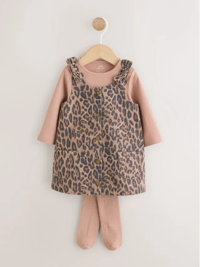 Next Meisjes - Pinafore Lange mouwen Bodysuit & Panty's 3 -delige Set - Dierenprint Leopard Print