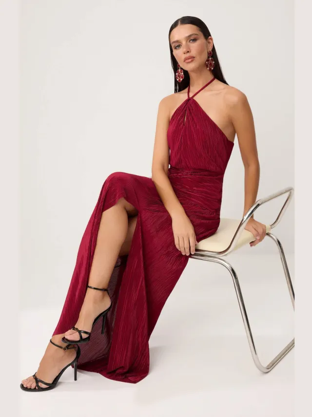 Trendyol TRENDYOLMİLLA Dames Bordeaux Effen Maxi Mouwloos Recht Avond & Gala Jurk Bordeauxrood
