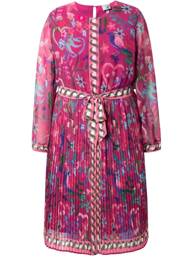 Ulla Popken Dames - Midi-jurk geplooid rok A-lijn ronde hals lange mouwen - Zomerbes - Maat 46+