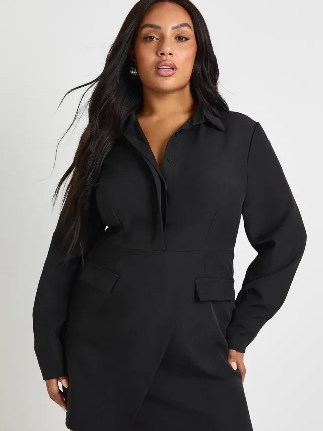 boohoo Dames Plus Geweven Wrap Shirtjurk Zwart