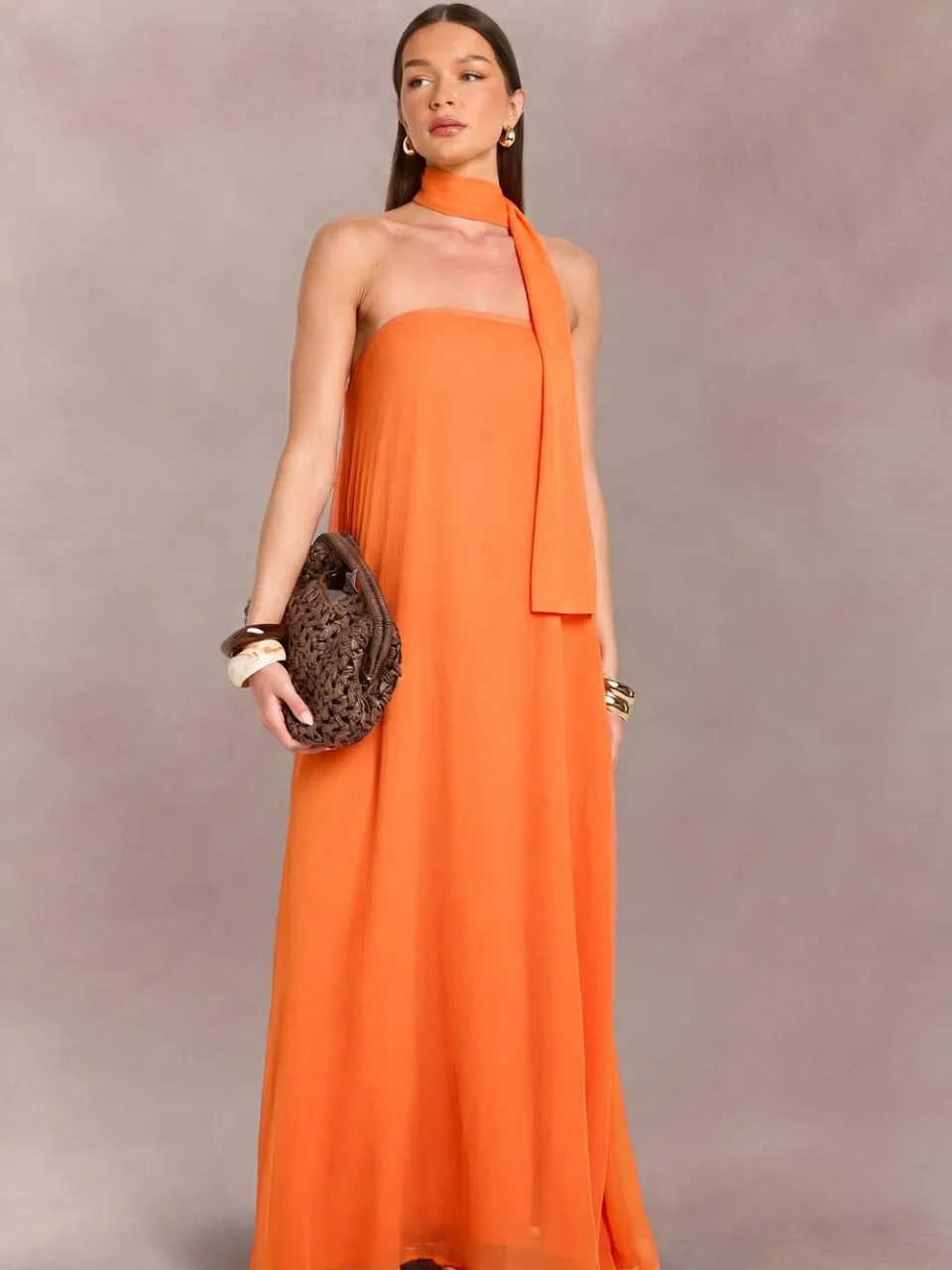 boohoo Dames Maxi-jurk Met Sjaalachtig Detail En Trapeze-model Tot Op De Grond oranje, foto 3