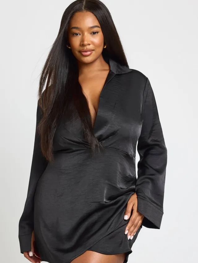 boohoo Dames Plus Getextureerde Satijnen Jurk Met Kraag zwart, foto 2