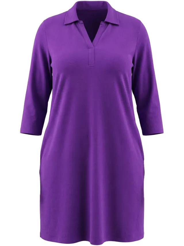 Ulla Popken Dames - Jersey jurk A-lijn overhemdkraag 3/4-mouwen zakken - Purper - Maat 62+