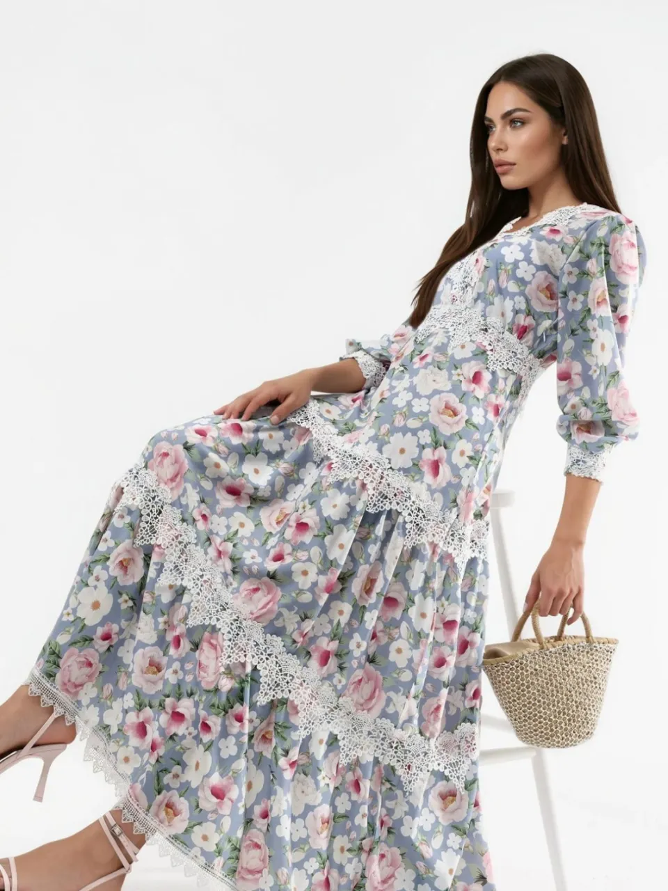 MSN Collection Maxi-jurk met V-hals en bloemenkantdetails veelkleurig, foto 2