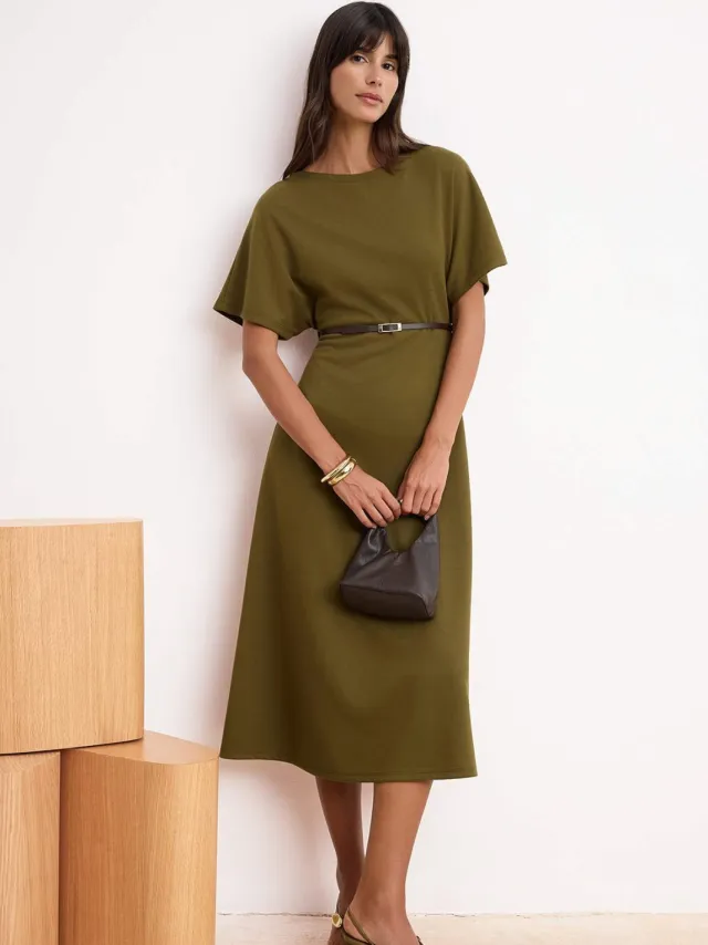 Trendyol TRENDYOLMİLLA Dames Kaki Effen Midi Kort Zakelijk A-lijn Jurken