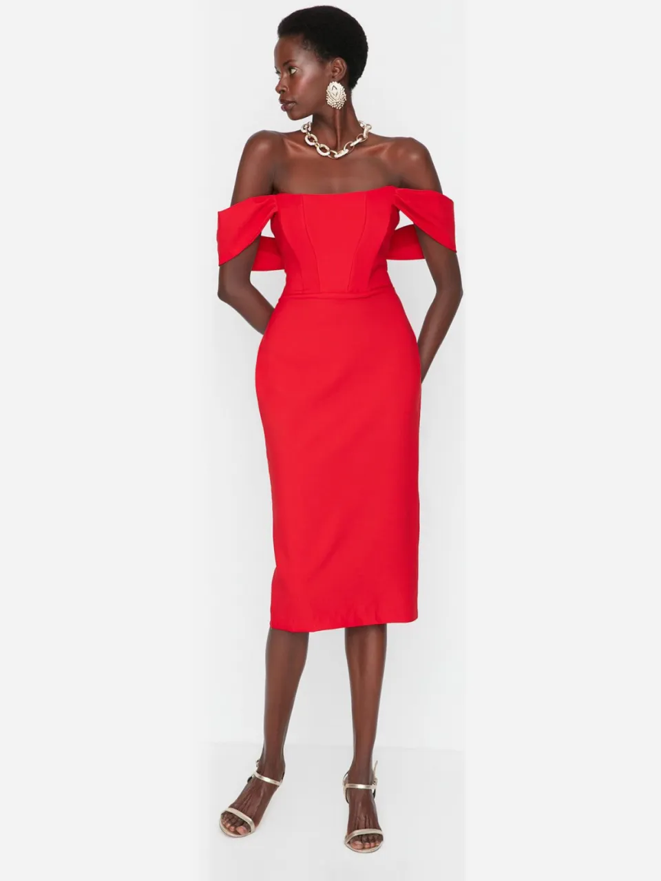 Trendyol TRENDYOLMİLLA Dames Rood Effen Midi Mouwloos Stijlvol/Avond Bodycon Jurken