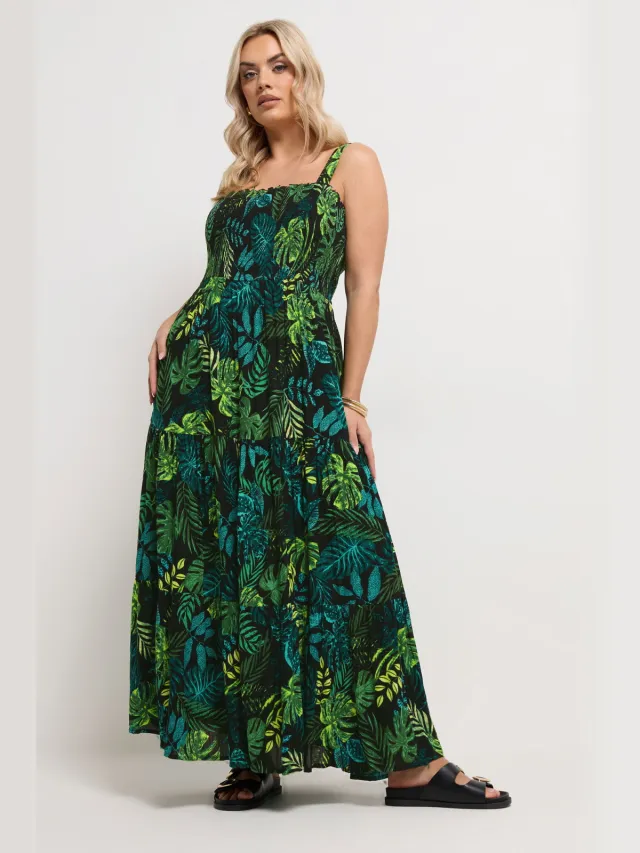 Yours Zwarte Maxijurk Met Tropische Print Green