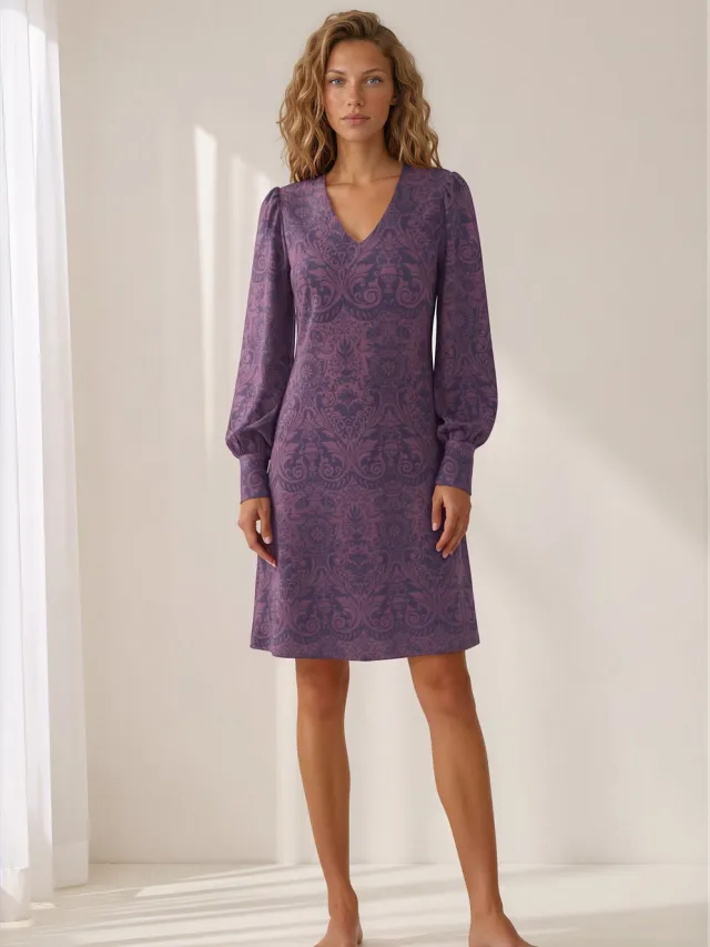 Mi Piace Travel Jurk Puff Sleeves Brique Baroque Print 202876 Plum Perfect - Maat :
