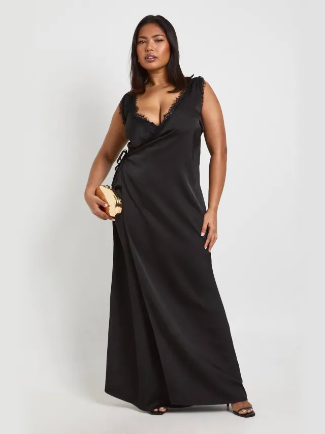 boohoo Dames Plus Kanten Rand Wikkel Satijn Maxi Jurk zwart