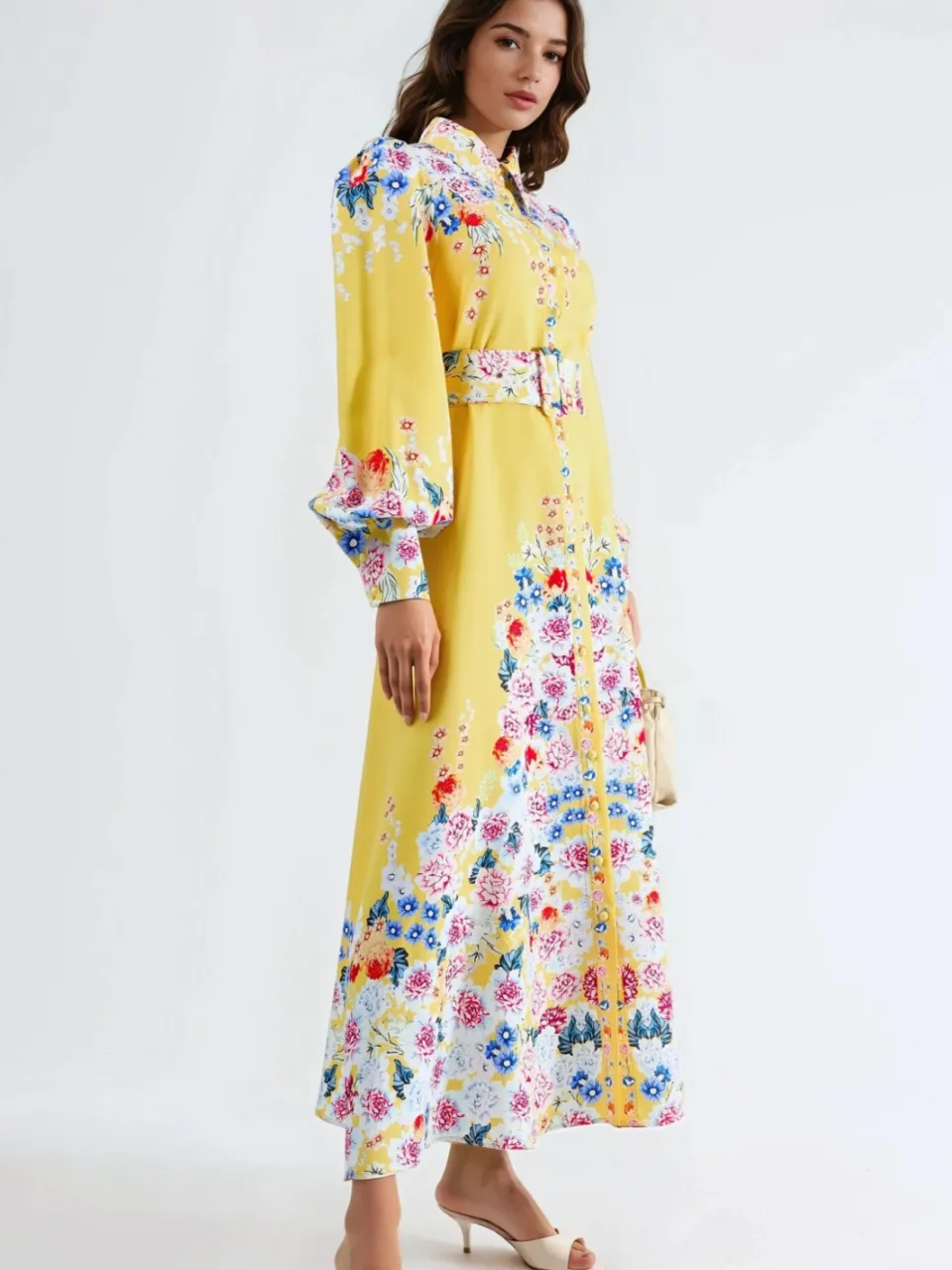 MSN Collection Floral Maxi Jurk met Knopen Sluiting geel, foto 2
