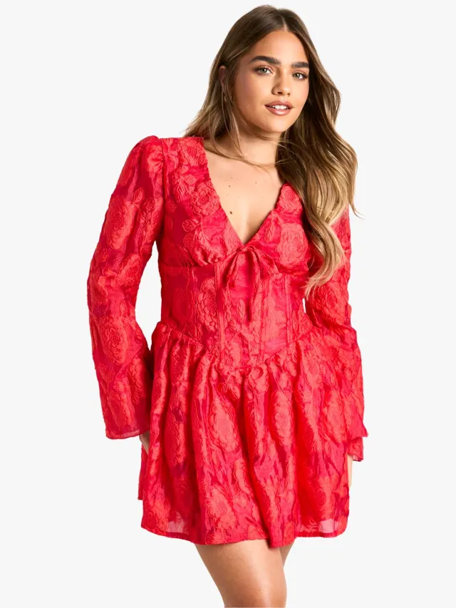 boohoo Dames Petite Jacquard Floral Corset Detail Skater Jurk Rood