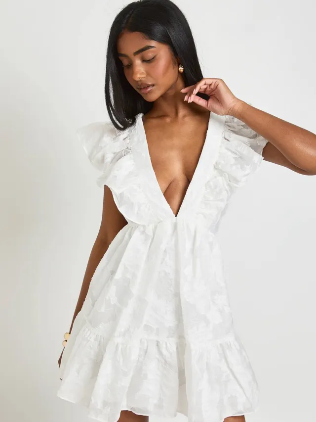 boohoo Dames Gebloemde Burnout Mini Jurk Met Veterug Ivoor
