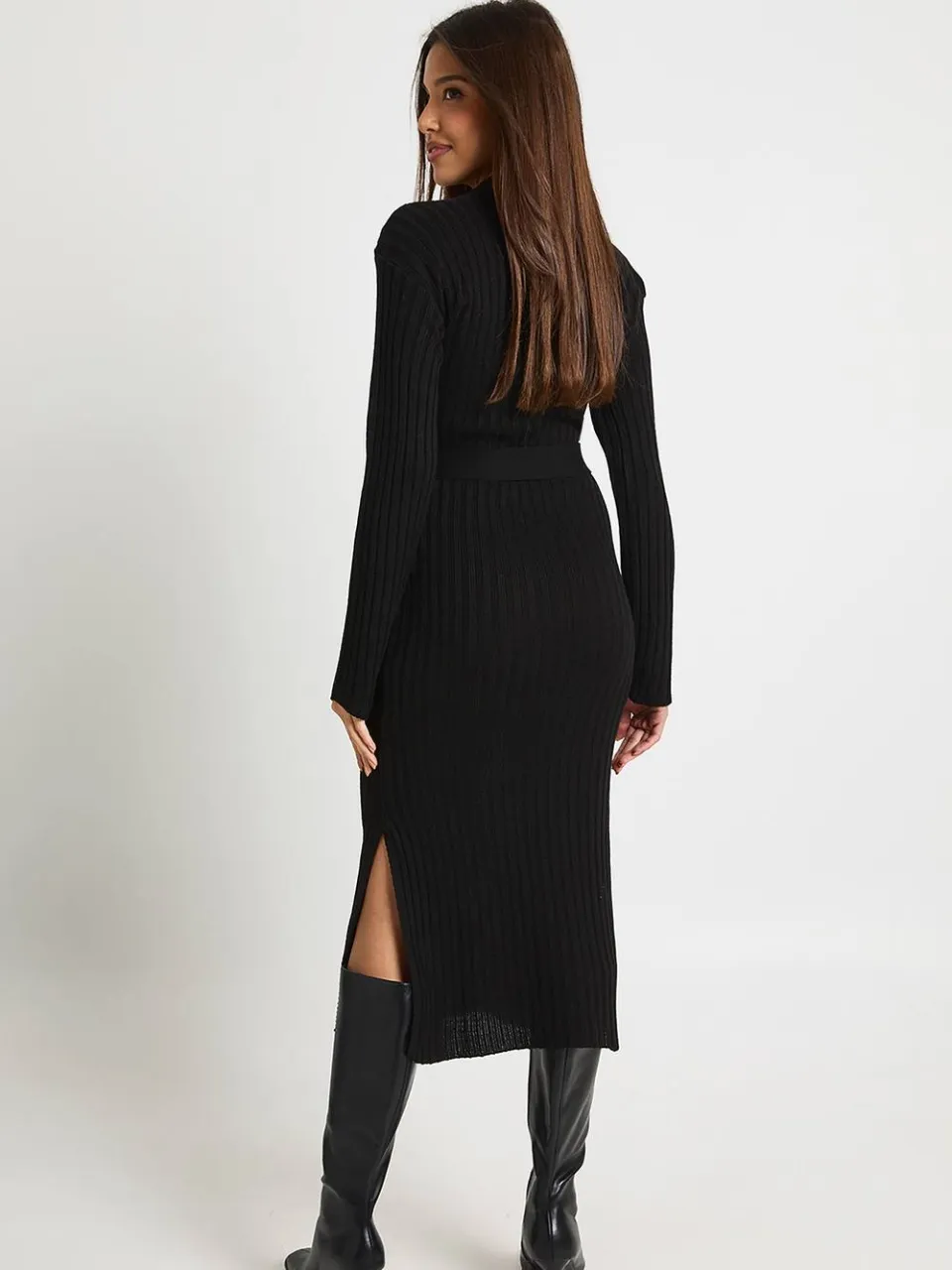 boohoo Dames Rib Knit Tie Waist Midaxi Jurk zwart, foto 2