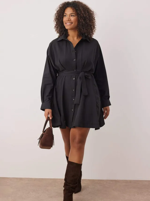 Trendyol Curve Dames Zwart Effen Kort / Mini Lang Casual Blousejurk Grote maten Jurk