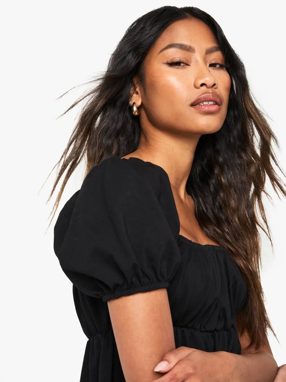 boohoo Dames Puff Sleeve Cotton Smock Mini Dress zwart, foto 4
