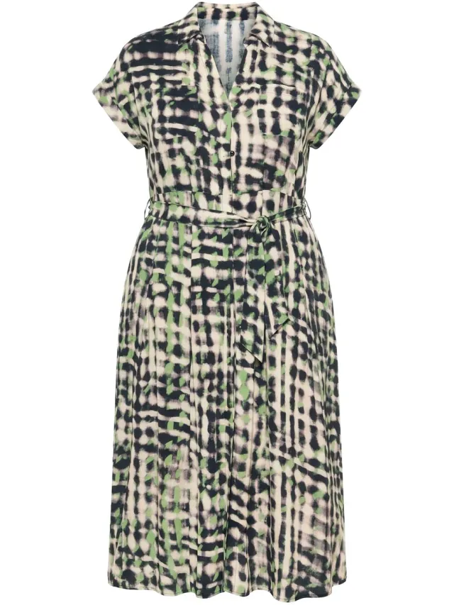 Ulla Popken Dames - Maxi-jurk overhemdkraag strikceintuur borstzakken - Grijsbeige - Maat 42+