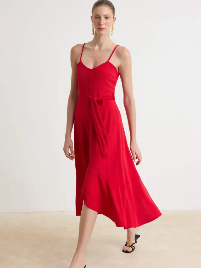 Trendyol TRENDYOLMİLLA Dames Rood Effen Midi Mouwloos Casual Skater Jurken