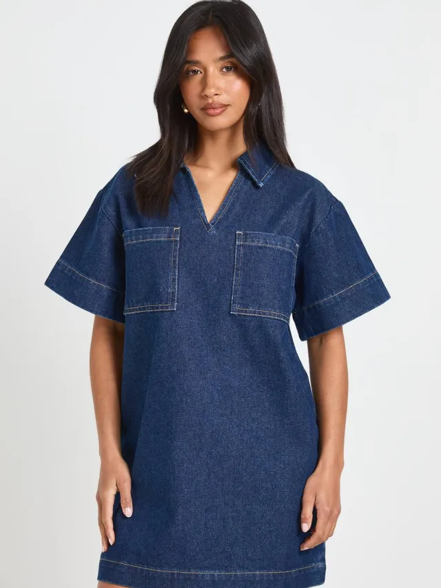 boohoo Dames Petite Boxy Korte Mouw Denim Jurk Indigo