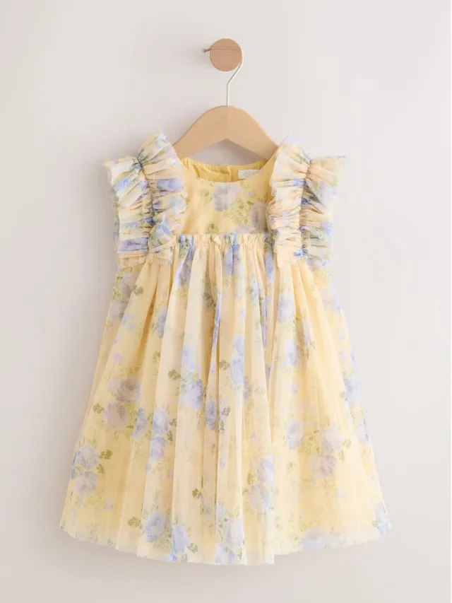 Next Meisjes - Mesh jurk met ruche op de schouders - Geel Yellow