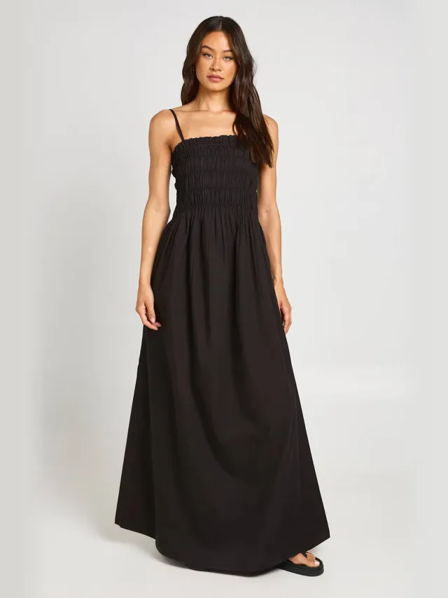 boohoo Dames Lange Katoenen Poplin Maxi-jurk Met Gerimpeld Lijfje Zwart