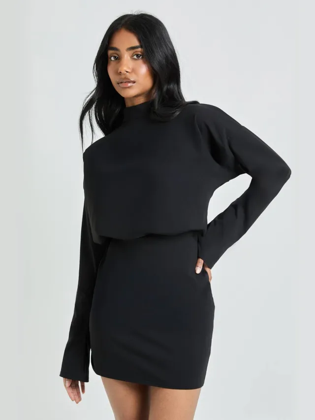 boohoo Dames Mini Jurk Met Lange Mouwen En Aangeknipte Hals In Blouson-stijl zwart, foto 2